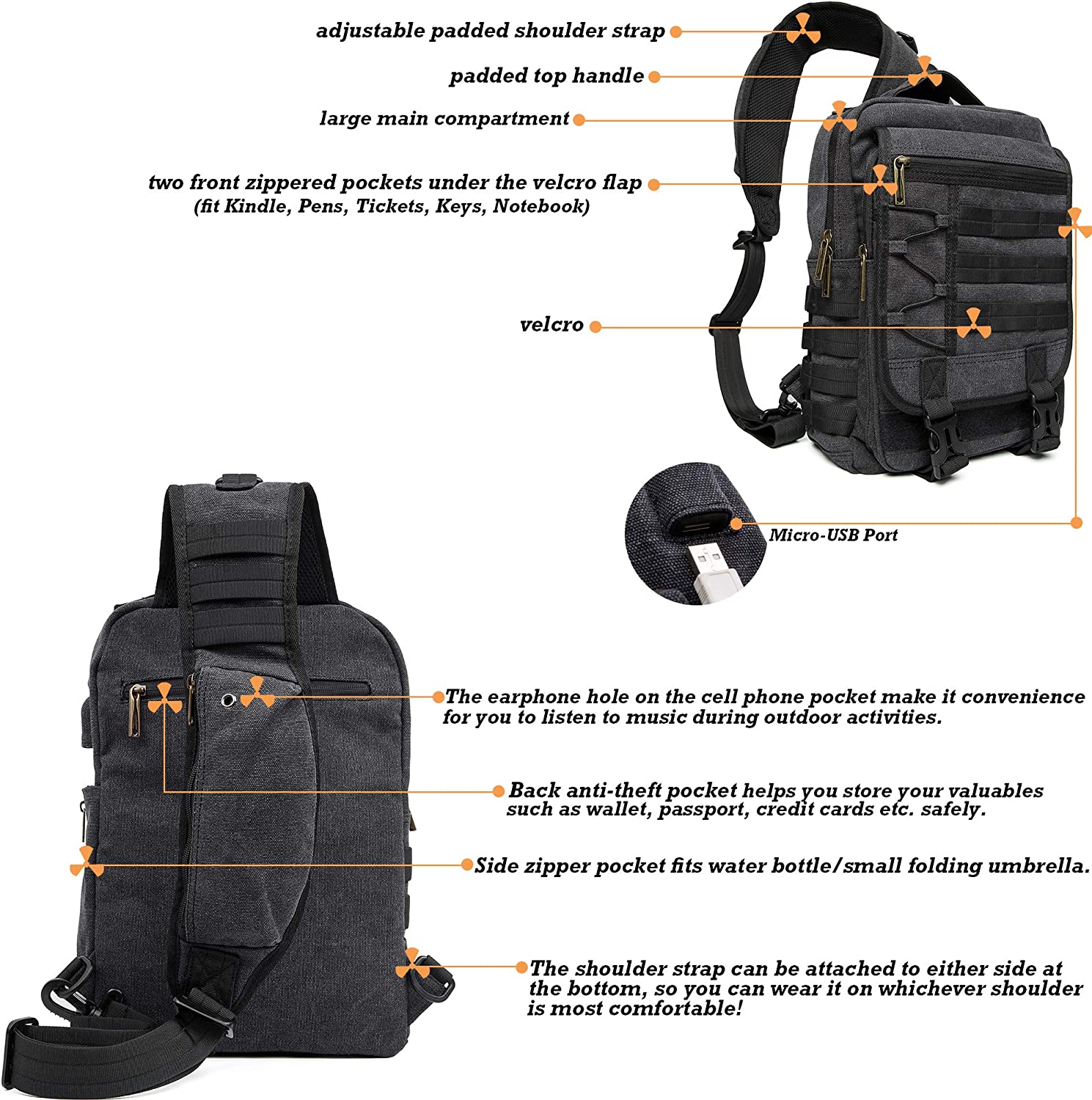 Nicgid Sling Bags Chest Shoulder Backpacks， 13.3'' 14.1'' Laptop Backpack Crossbody Messenger Bag Travel Outdoor Men Women - Image 4